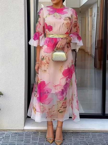 

Crew Neck Floral Regular Fit Elegant Dress, As picture, Midi Dresses