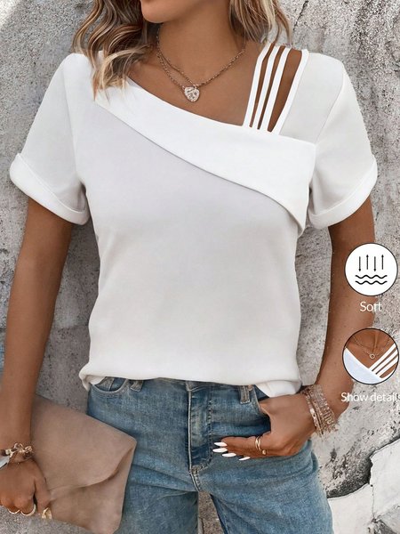 

Women Plain Asymmetrical Collar Casual Short Sleeve T-shirt, White, Tees & T-shirts