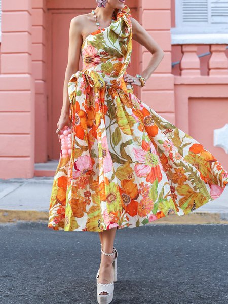 

Floral Regular Fit Elegant One Shoulder Dress, As picture, Maxi Dresses