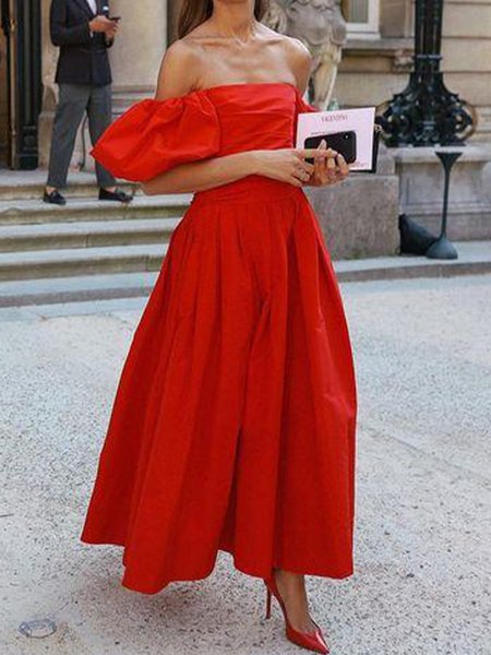 

Elegant Plain Cold Shoulder Regular Fit Dress, Red, Maxi Dresses