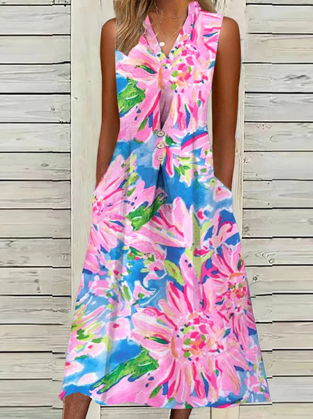 

Women Floral V Neck Sleeveless Comfy Casual Midi Dress, Pink, Dresses