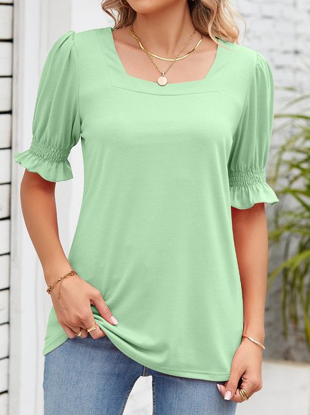 

Square Neck Short Sleeve Plain Regular Micro-Elasticity Loose Shirt For Women, Aqua, Blouses