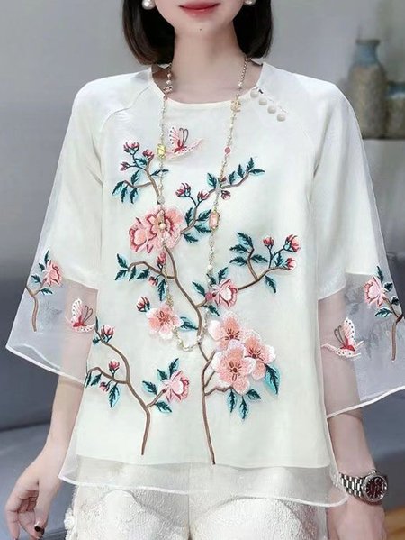 

Crew Neck Half Sleeve Plain Embroidery Regular Loose Blouse For Women, White, Blouses