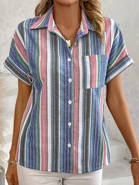 

Shirt Collar Short Sleeve Striped Regular Loose Blouse For Women, Multicolor, Shirts