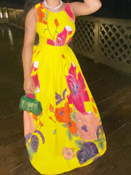 

Regular Fit Crew Neck Sleeveless Elegant Maxi Dress, Yellow, Maxi Dresses