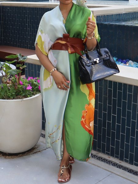 

Elegant Loose V Neck Plants Dress With Belt, Green, Maxi Dresses
