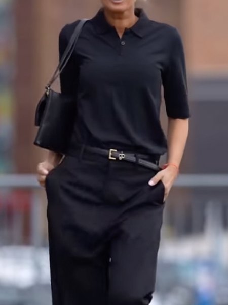 

Shirt Collar Plain Urban Loose Short Sleeve T-Shirt, Black, Tees