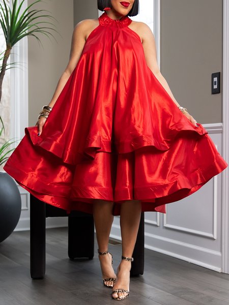 

Elegant Loose Plain Halter Sleeveless Midi Dress, Red, Midi Dresses