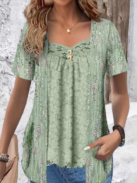 

Short Sleeve Disty Floral Lace Regular Loose Shirt For Women, Green, Blouses