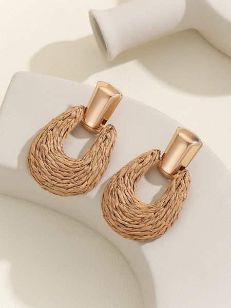 Hollow Out Handmade Raffia Braided Circular Earrings, Khaki, Earrings