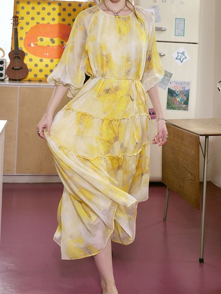 

Loose Tie-Dye Pattern Elegant Crew Neck Dress, Yellow, Maxi Dresses