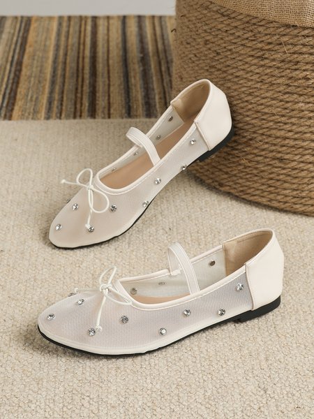 

Breathable Mesh Rhinestone Studded Bowknot Mary Jane Flat Shoes, White, Flats