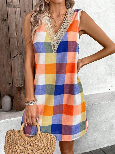 

Women Plaid V Neck Sleeveless Comfy Casual Lace Short Dress, Multicolor, Dresses