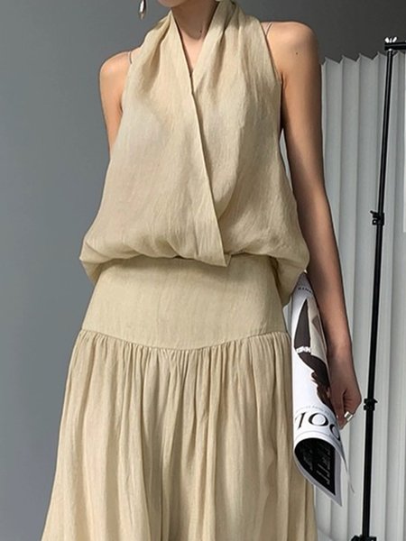 

V Neck Plain Sleeveless Casual Linen Tank Top, Apricot, Tanks and Camis
