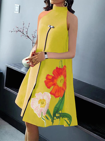 

Medium Elasticity Halter Sleeveless Floral Urban Midi Dress, Yellow, Mini Dresses
