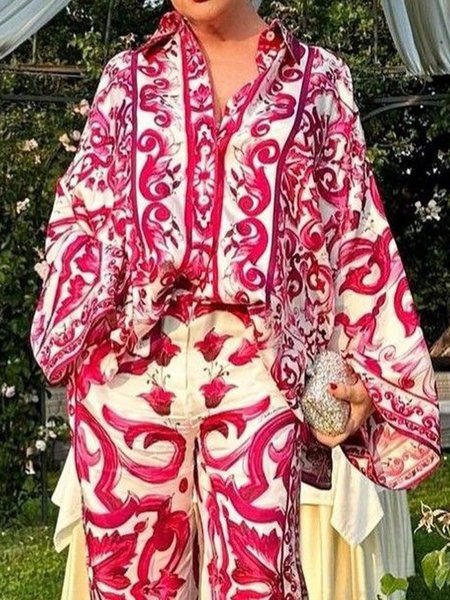 

Floral Urban Loose Shirt Collar Blouse, Red, Blouses and Shirts