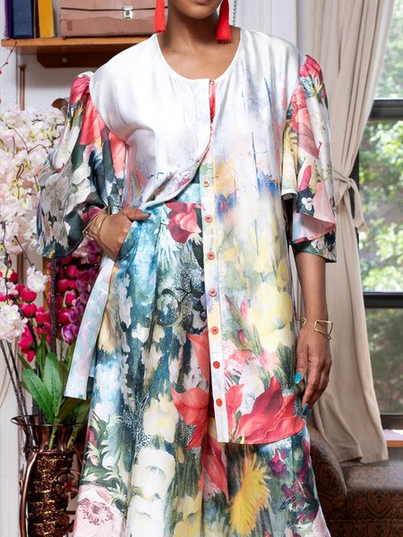 

Half Sleeve Crew Neck Floral Elegant Blouse, As picture, Blouses and Shirts