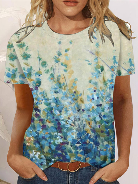 

Crew Neck Floral Casual Jersey T-Shirt, Color2, T-shirts
