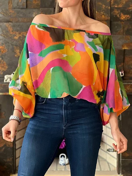 

Cold Shoulder Random Print Loose Urban Shirt, As picture, Blouses and Shirts