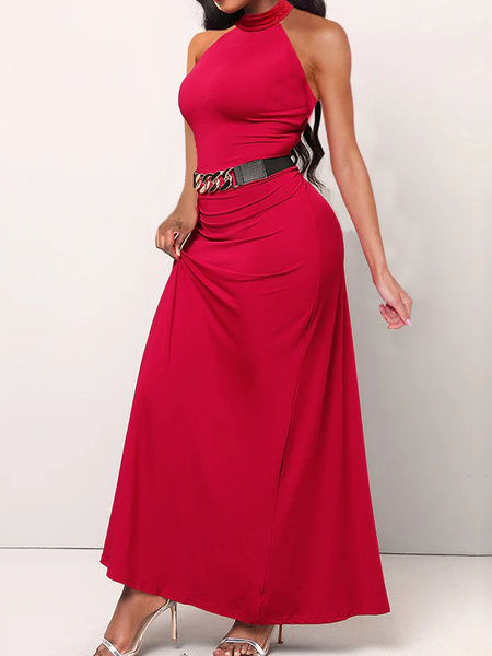 

Regular Fit Elegant Plain Halter Sleeveless Maxi Dress With No Belt, Red, Maxi Dresses