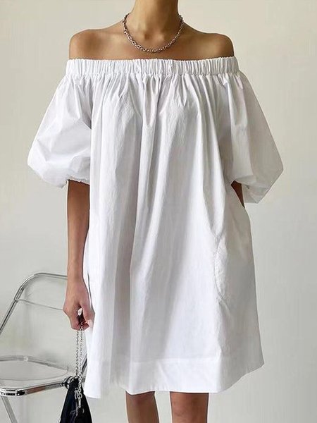 

Casual Boat Neck Plain Loose Short Sleeve Dress, White, Mini Dresses