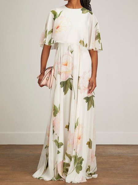 

Floral Elegant Regular Fit Crew Neck Dress, White, Maxi Dresses