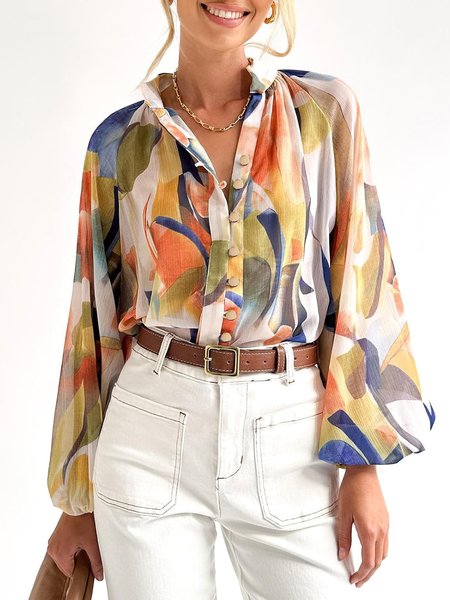 

Vacation Loose Floral Stand Collar Blouse, As picture, Blouses and Shirts