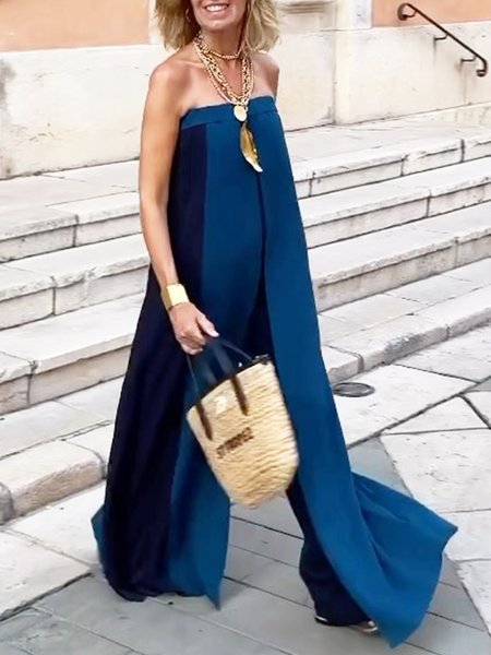 

Color Block Casual Straples Loose Jumpsuit, Blue, Jumpsuits