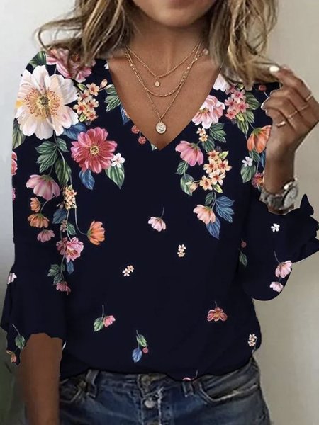 

Loose Floral Casual V Neck T-Shirt, Deep blue, Long sleeves
