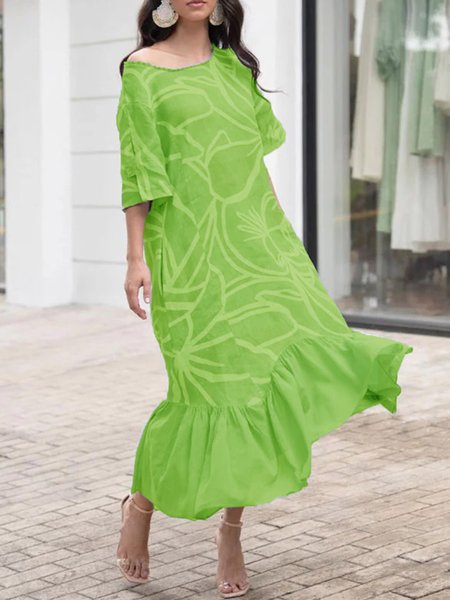 

Crew Neck Loose Floral Casual Dress, Green, Maxi Dresses