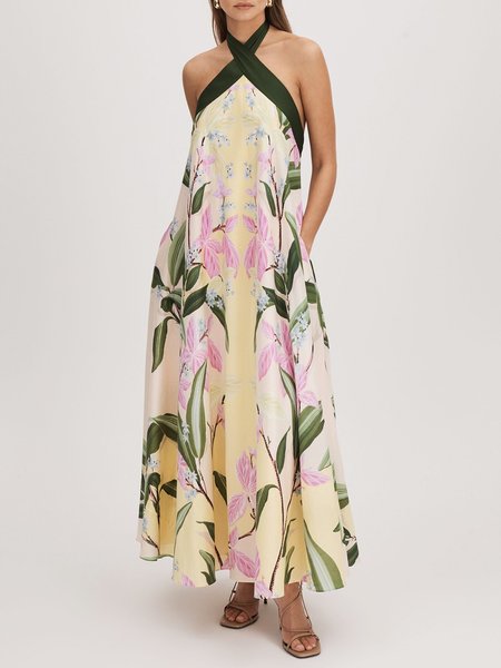 

Halter Vacation Loose Floral Dress, As picture, Maxi Dresses