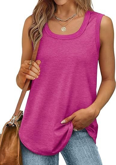 

Casual Crew Neck Plain Tank Top, Deep pink, Tanks & Camis