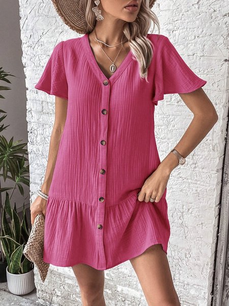 

Women Plain V Neck Short Sleeve Comfy Casual Short Dress, Rose red, Dresses