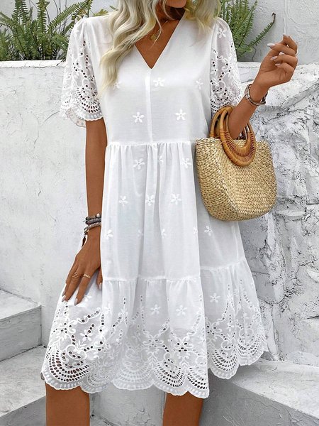 

Cotton Jacquard Loose Elegant Dress, White, Dresses