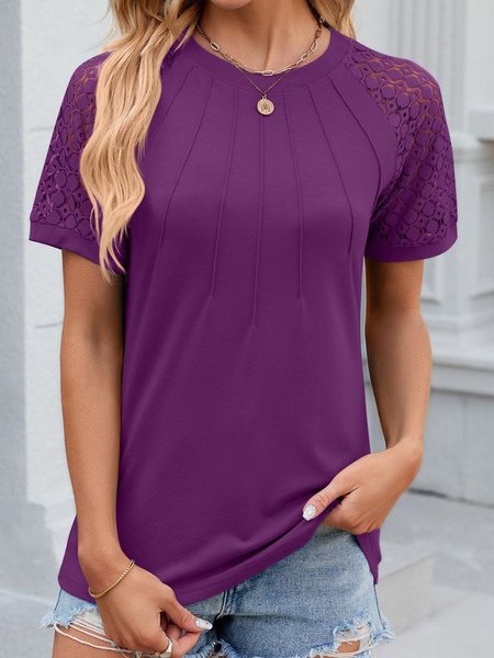 

Crew Neck Short Sleeve Plain Lace Regular Micro-Elasticity Loose Shirt For Women, Purple, Blouses