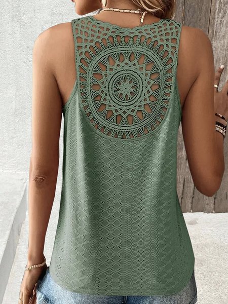 Casual V Neck Abstract Tank Top Lace, Green, Tanks & Camis