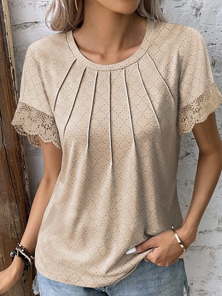 

Crew Neck Short Sleeve Plain Lace Regular Loose Shirt For Women, Khaki, Blouses