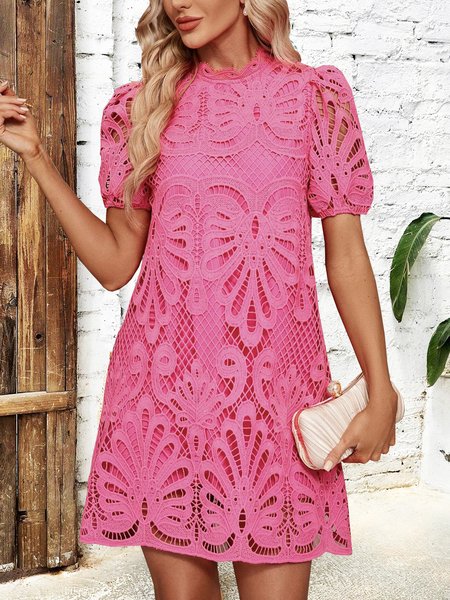 

Women Plain Stand Collar Short Sleeve Comfy Casual Short Dress, Rose red, Dresses