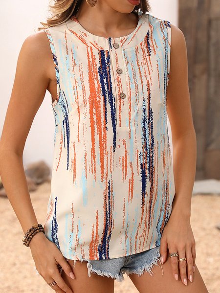 

Casual Crew Neck Abstract Stripes Tank Top Buckle, Multicolor, Tanks & Camis