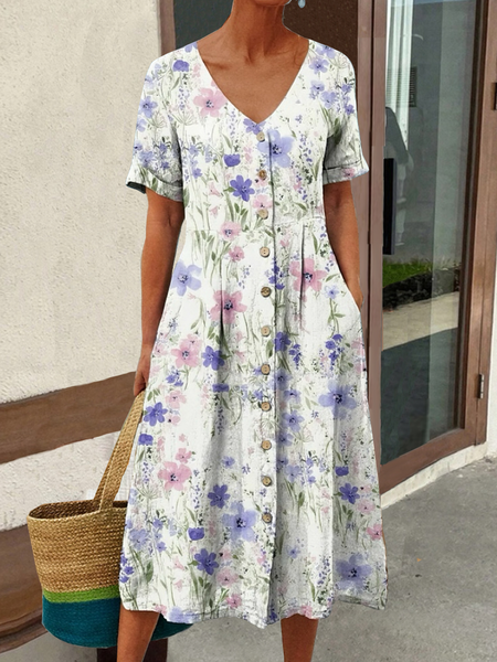 

Women Floral V Neck Short Sleeve Comfy Casual Maxi Dress, Blue, Dresses