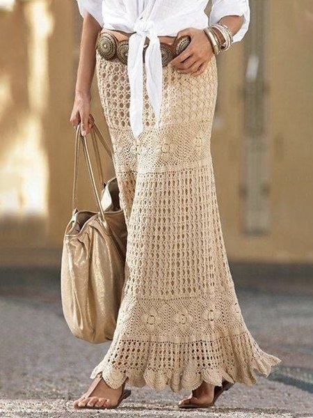 Women's Casual Plain Spring/Fall Skirt, Khaki, Skirts