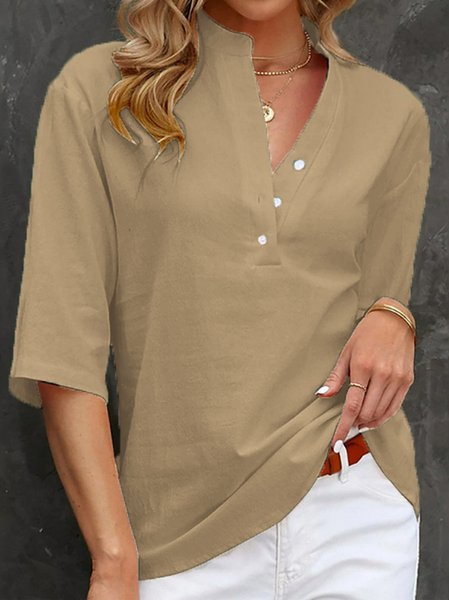 

Plain Half Open Collar Casual Cotton Blouse, Khaki, Blouses & Shirts