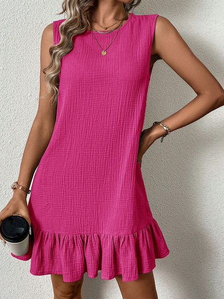 

Women Plain Crew Neck Sleeveless Comfy Casual Short Dress, Rose red, Dresses