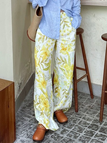 

Floral Casual High Waist Fashion Wide leg Pants, Yellow, Pants