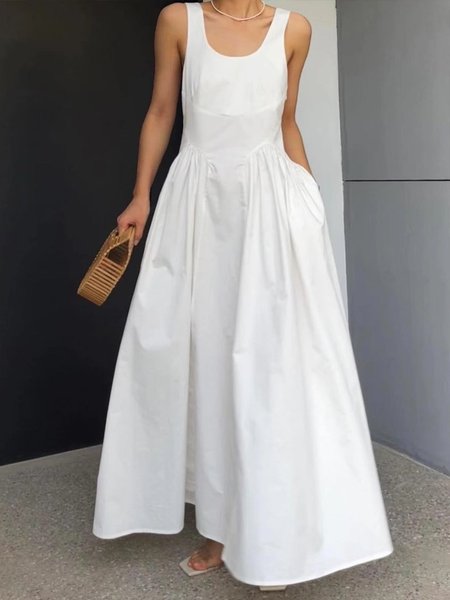 

Urban Plain U Neck Sleeveless Pockets Maxi Dress, White, Maxi Dresses