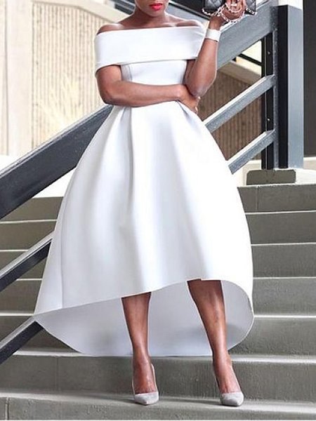 

Cold Shoulder Regular Fit Elegant Plain Midi Dress, White, Midi Dresses