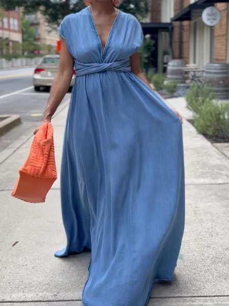 

Urban Regular Fit V Neck Cap Sleeve Denim Maxi Dress, Denim blue, Maxi Dresses
