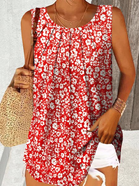 

Casual V Neck Floral Tank Top, Red, Tanks & Camis