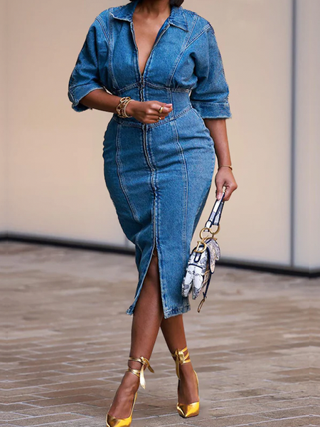 

Micro-Elasticity Plain Shirt Collar Short Sleeve Urban Denim Midi Dress, Denim blue, Midi Dresses