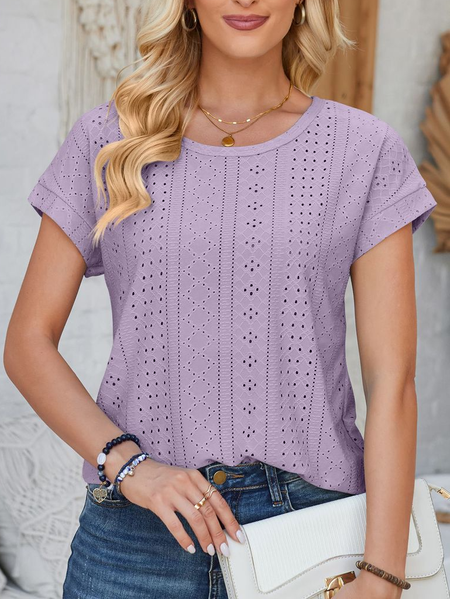 Crew Neck Short Sleeve Plain Regular Micro-Elasticity Loose Shirt For Women, Purple, Blouses